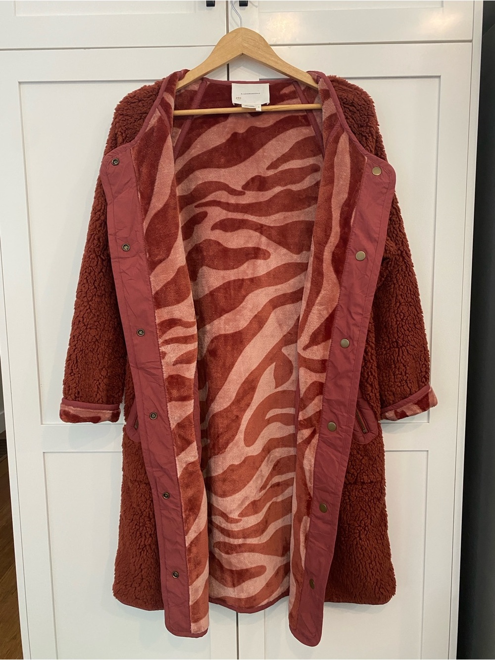 Anthropologie Margot Reversible Burnt Orange Red Zebra Sherpa Duster Coat Small